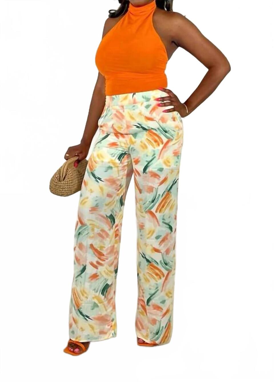 NEW FORE COLLECTION paint a picture abstract chiffon pants in ivory multi